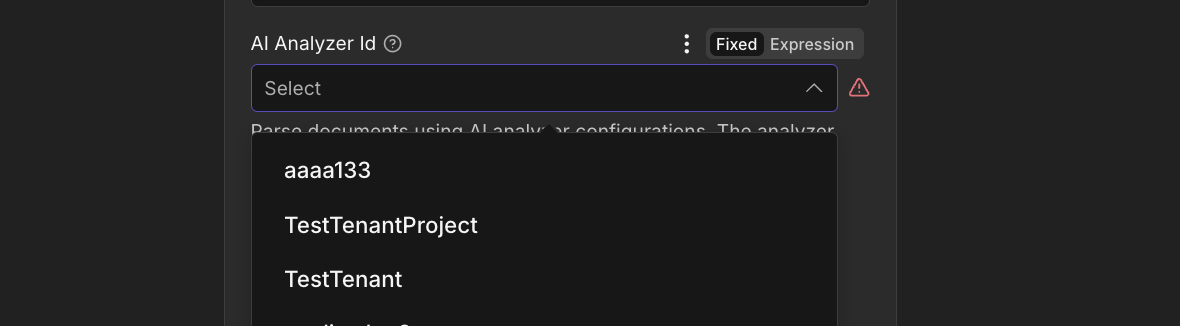 Apri il menu a tendina ID dell'analizzatore AI nel nodo n8n PDF4me AI Document Parser che mostra tre opzioni di esempio dell'analizzatore: aaaa133, TestTenantProject, TestTenant